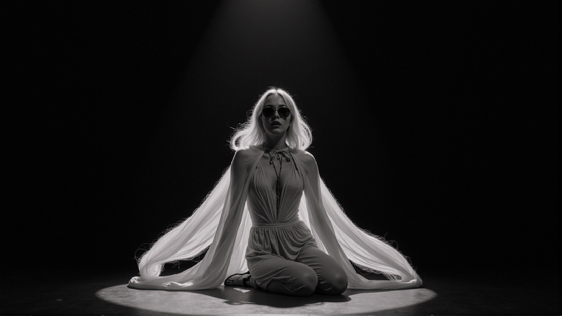 Elegant figure in spotlight with white outfit and cape
