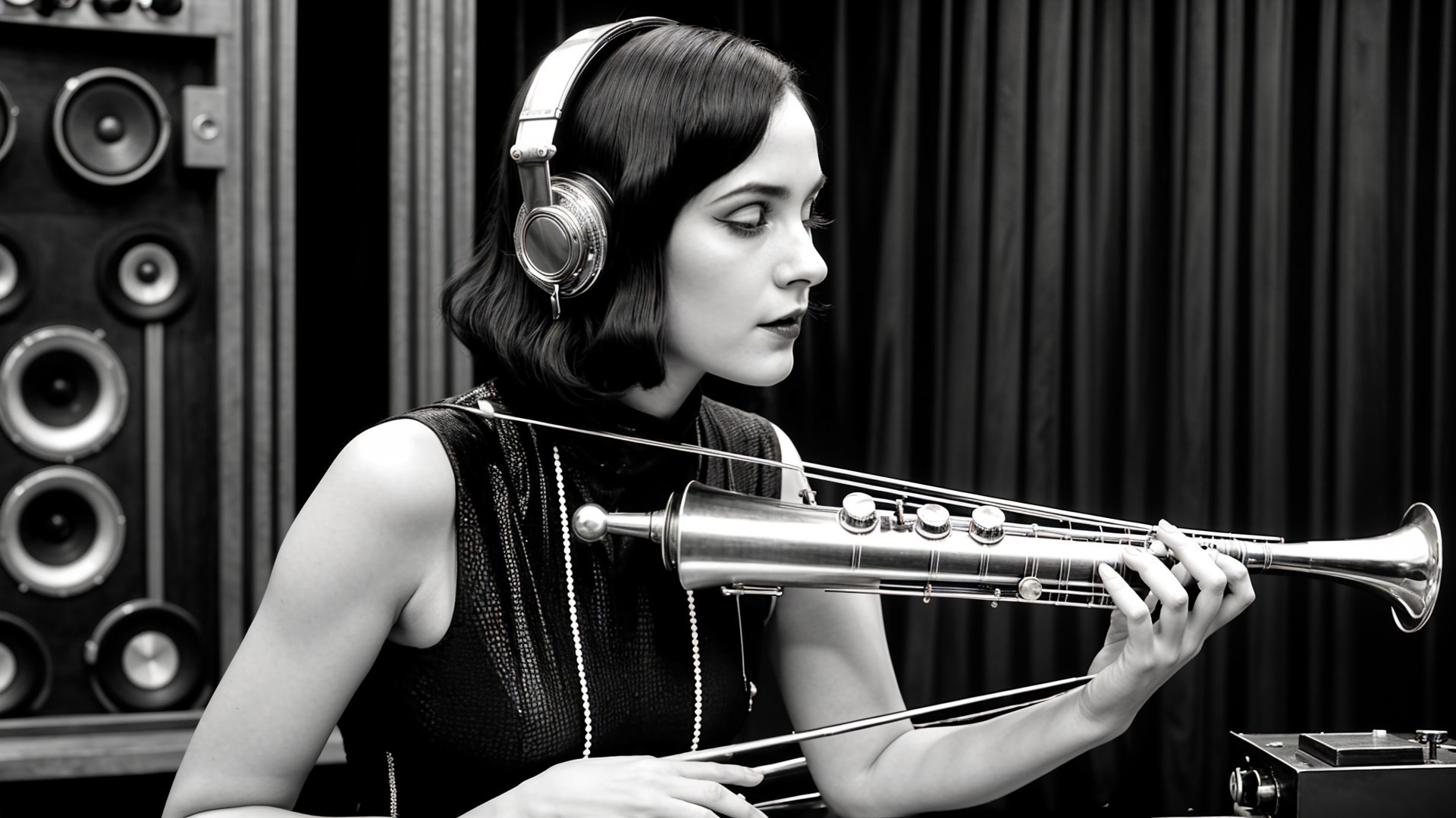 Woman in music studio with trumpet and vintage sound system