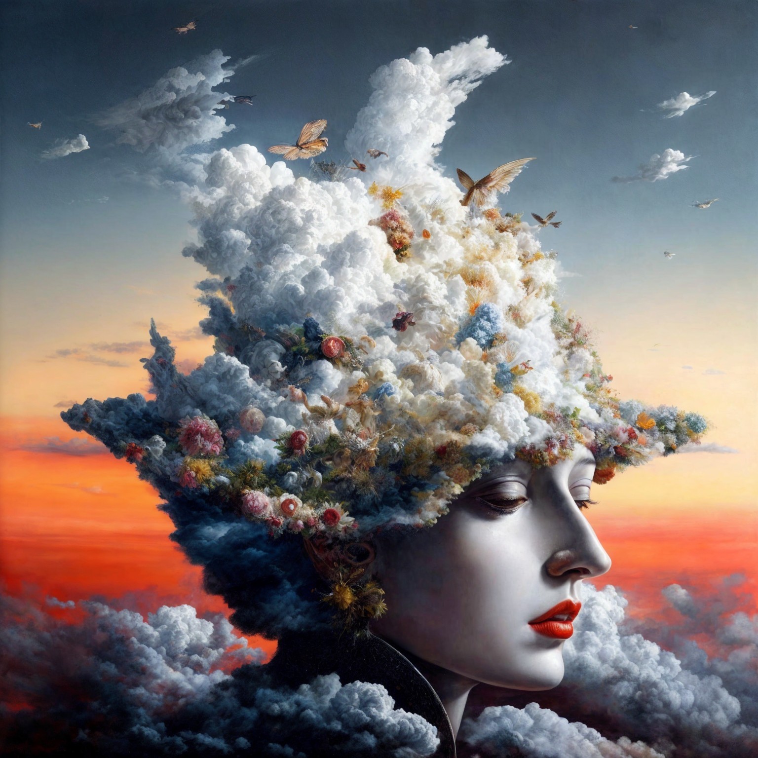 Surreal Portrait of a Woman with Cloud Headdress