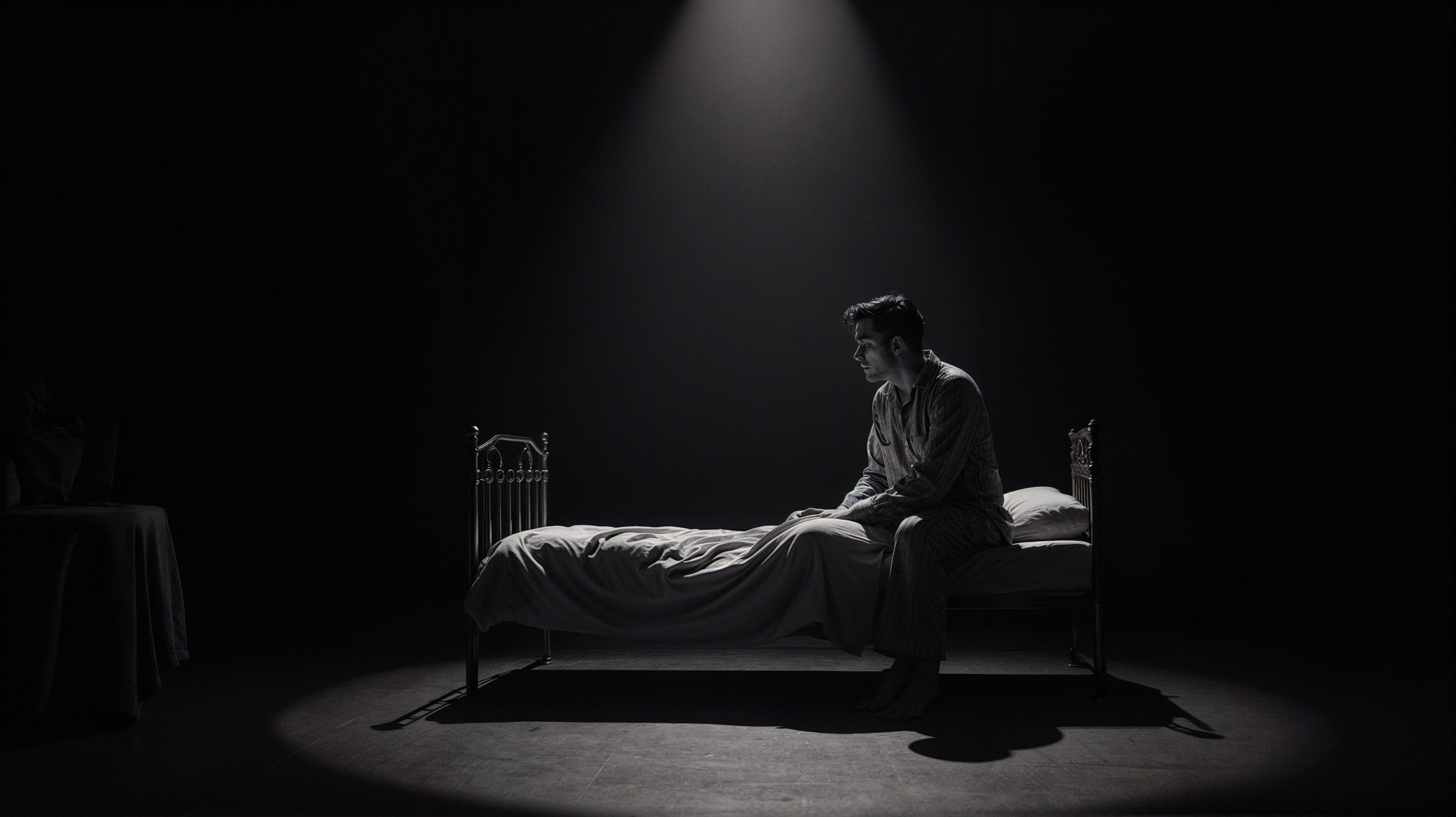 Solitary Figure in Dim Room with Spotlight and Shadows