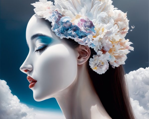 Woman with Floral Crown and Dreamy Sky Background