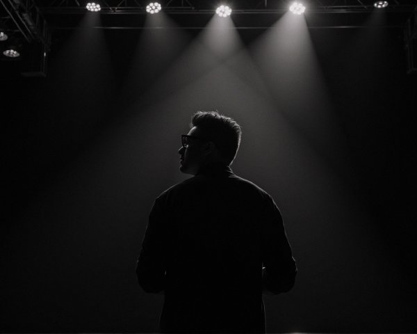 Silhouette in Dark Space with Stage Lights and Shadows