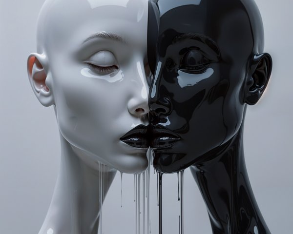 Glossy White and Black Mannequin Heads in Contrast