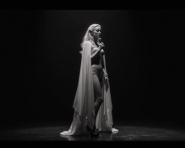 Black-and-White Image of a Figure on Stage