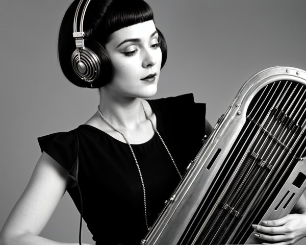 Stylish Woman with Headphones and Unique Instrument