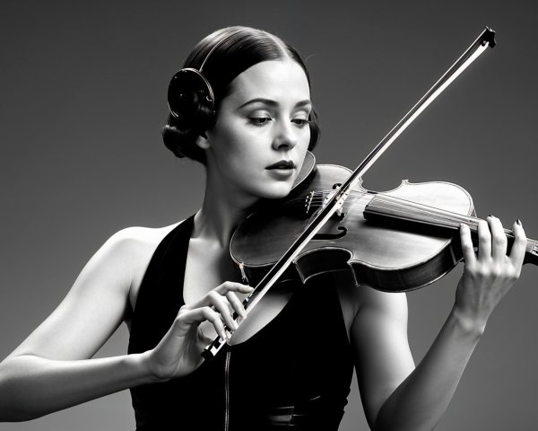 Woman Playing Violin in Black-and-White Setting