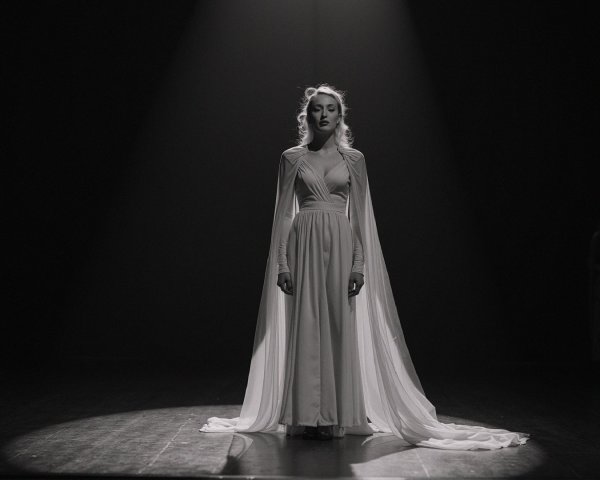 Solitary Figure in White Gown Under Dramatic Lighting