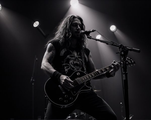 Guitarist in Skull Shirt Performs with Electric Guitar