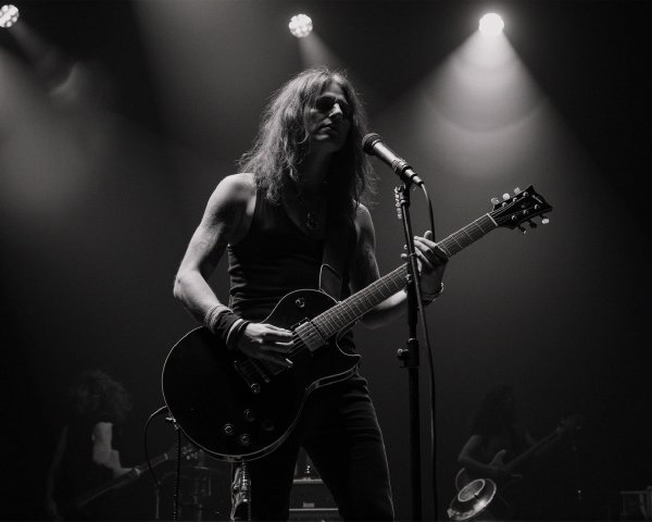 Rock Musician Performing on Stage with Electric Guitar