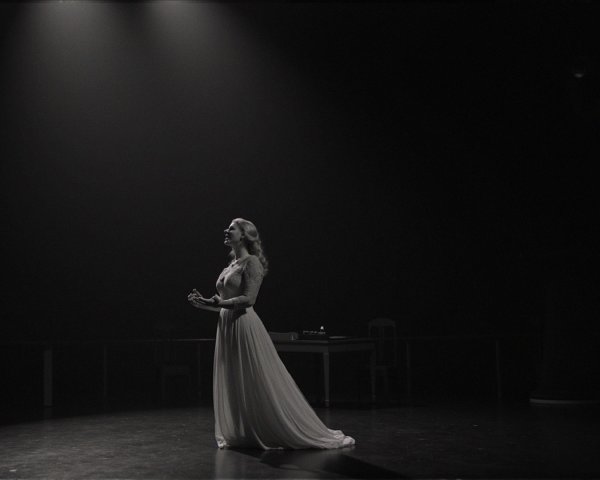 Solitary Figure in Flowing Gown Under Spotlight