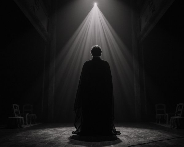 Solitary Figure in Dimly Lit Space with Empty Chairs