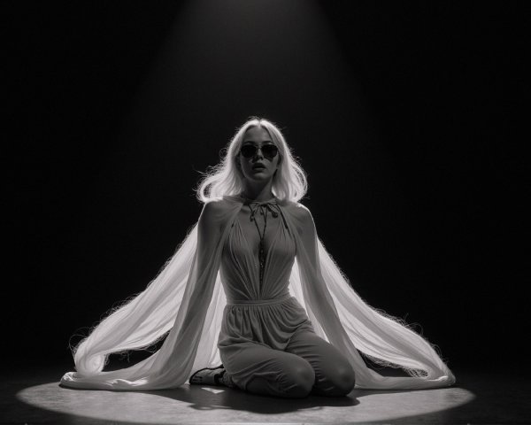 Elegant figure in spotlight with white outfit and cape