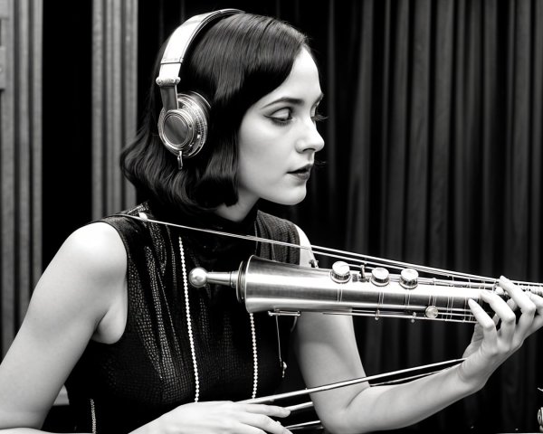 Woman in music studio with trumpet and vintage sound system