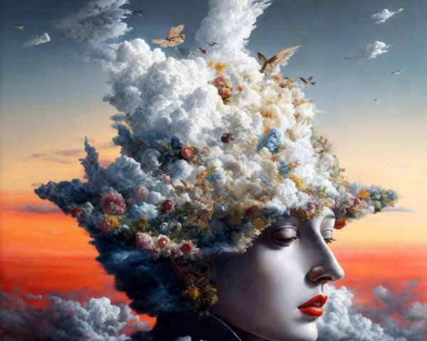 Surreal Portrait of a Woman with Cloud Headdress