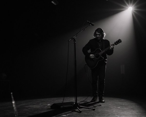 Solitary Musician with Acoustic Guitar on Stage