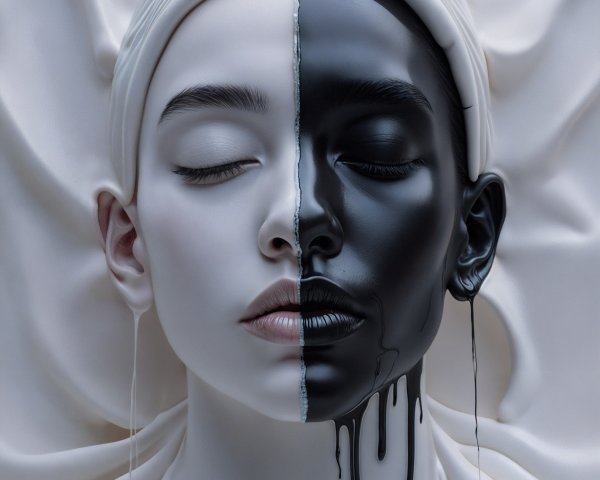 Split-Face Portrait of a Young Woman with Duality