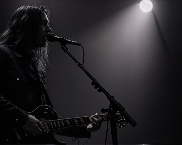 Musician Performing Live with Guitar and Dramatic Lighting
