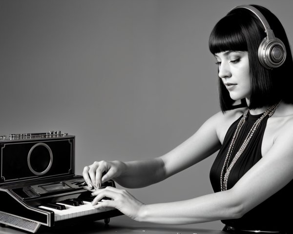 Woman at Minimalist Table with Vintage Synthesizer