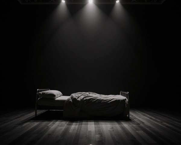 Solitary Bed in Dark Room with Dramatic Lighting