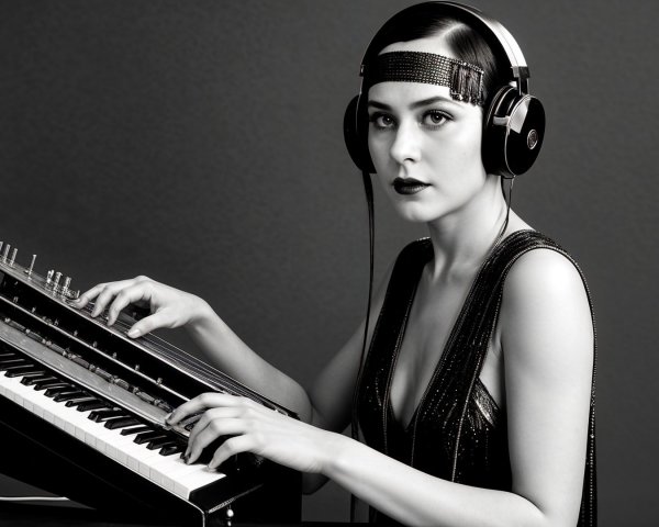 Stylish Woman in Black Dress at Vintage Keyboard