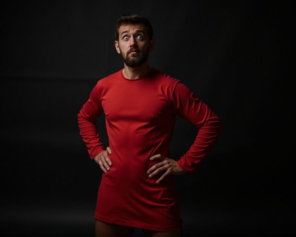 Man in red shirt poses against dark backdrop