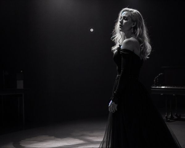 Elegant Profile in Black Gown with Dramatic Lighting