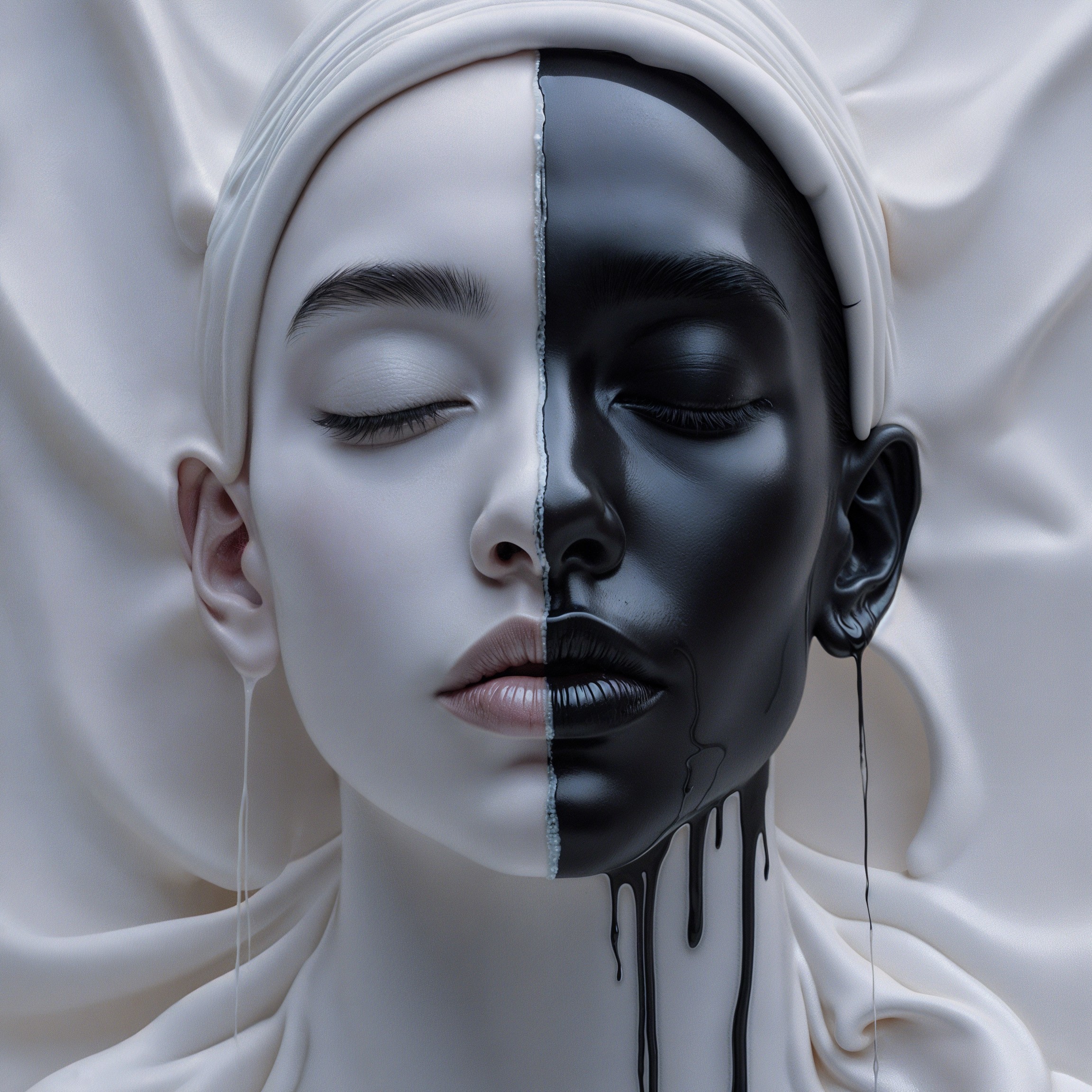Split-Face Portrait of a Young Woman with Duality