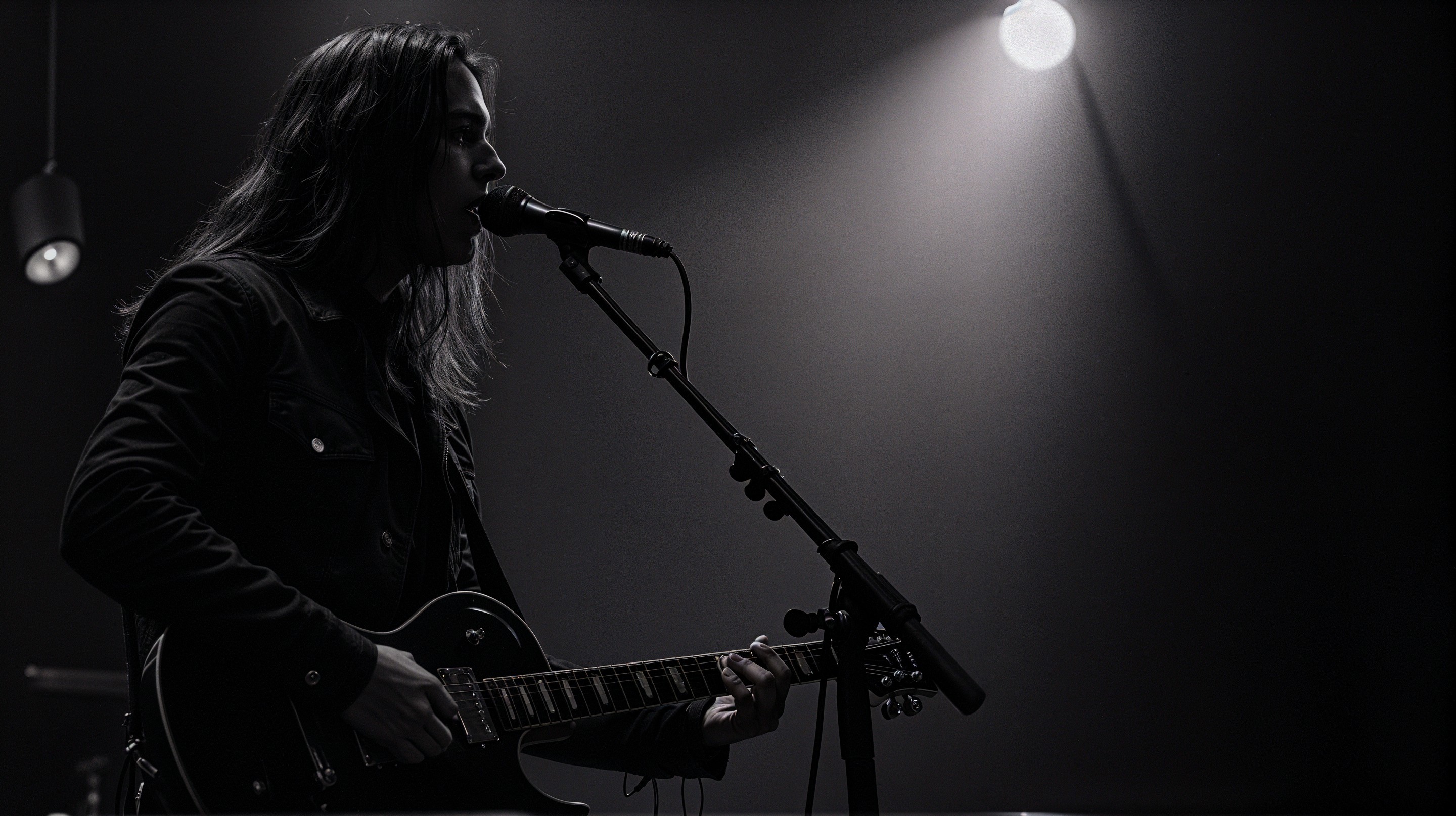 Musician Performing Live with Guitar and Dramatic Lighting
