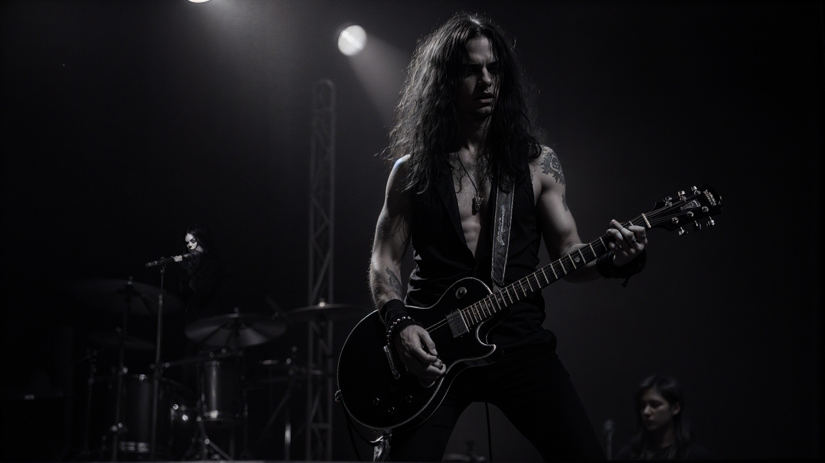 Guitarist with Tattoos Performs on Stage Under Moody Lights