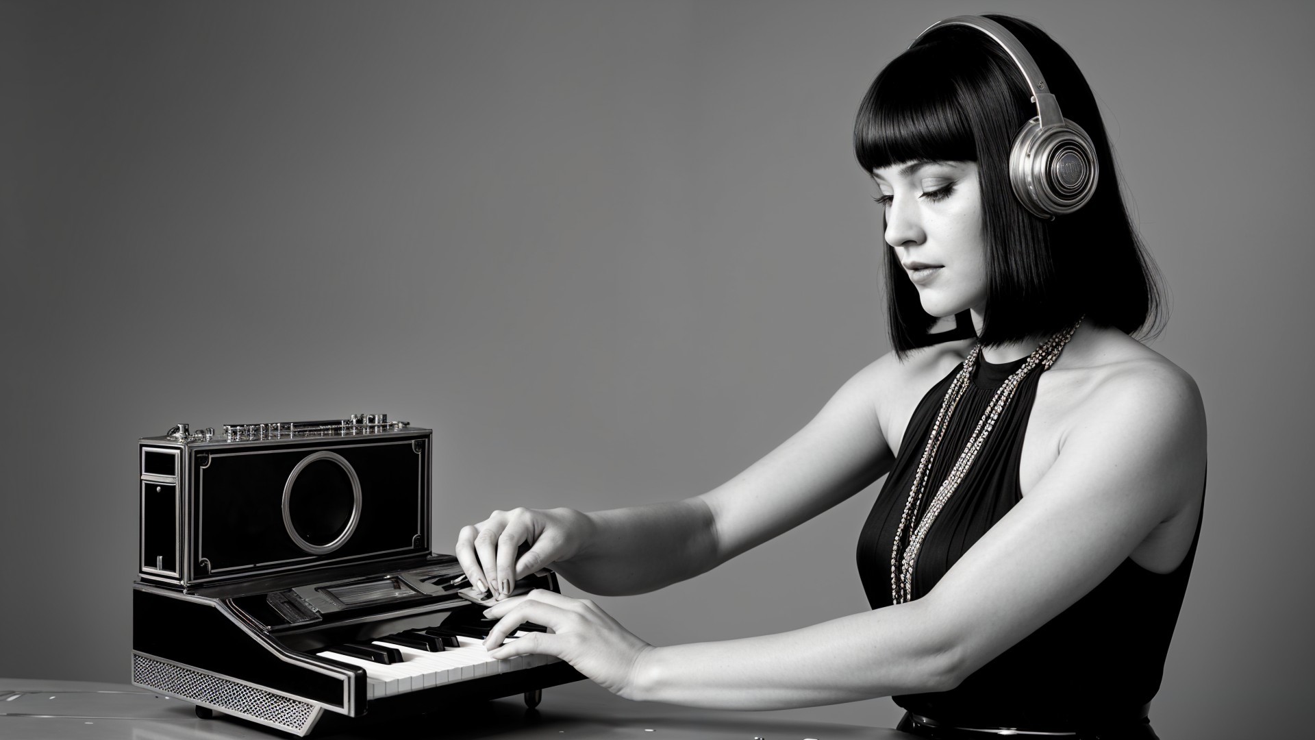 Woman at Minimalist Table with Vintage Synthesizer