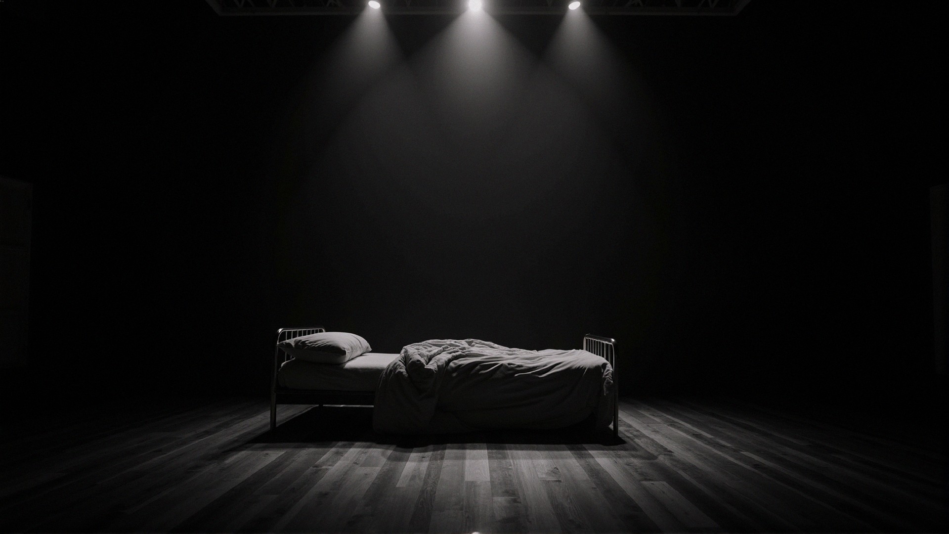 Solitary Bed in Dark Room with Dramatic Lighting