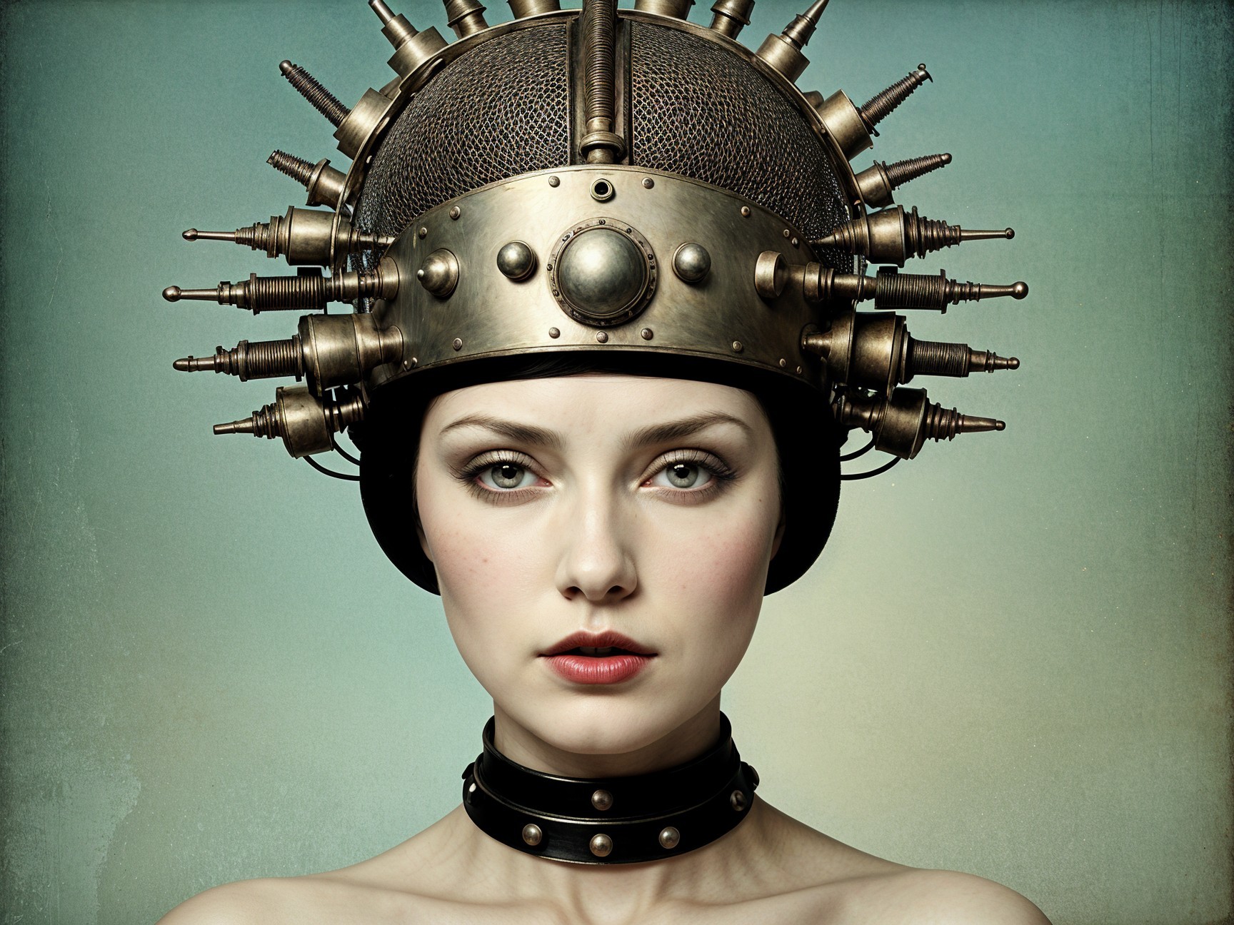 Woman with retro-futuristic headpiece and serene expression
