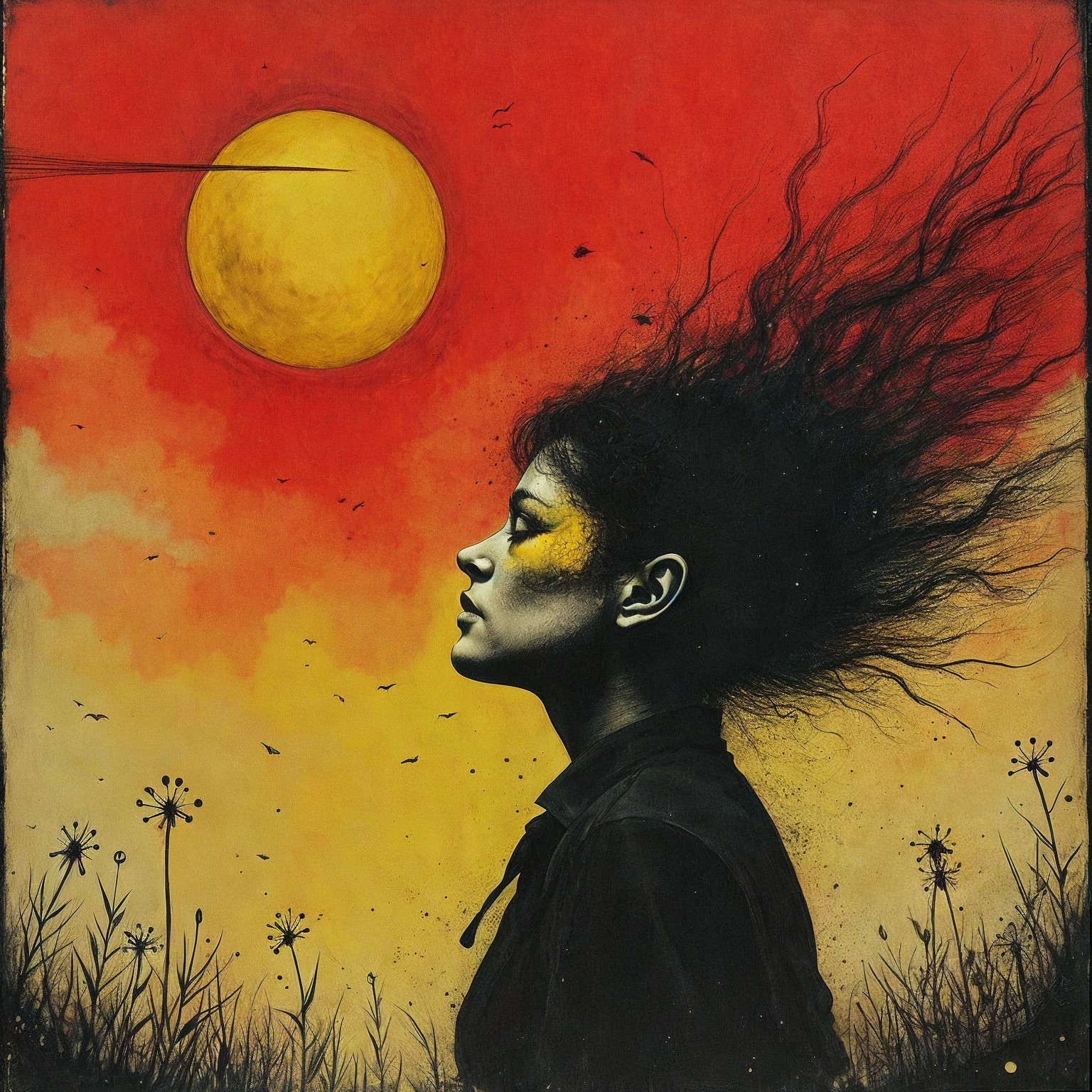 Profile of a Woman Against a Sunset Background