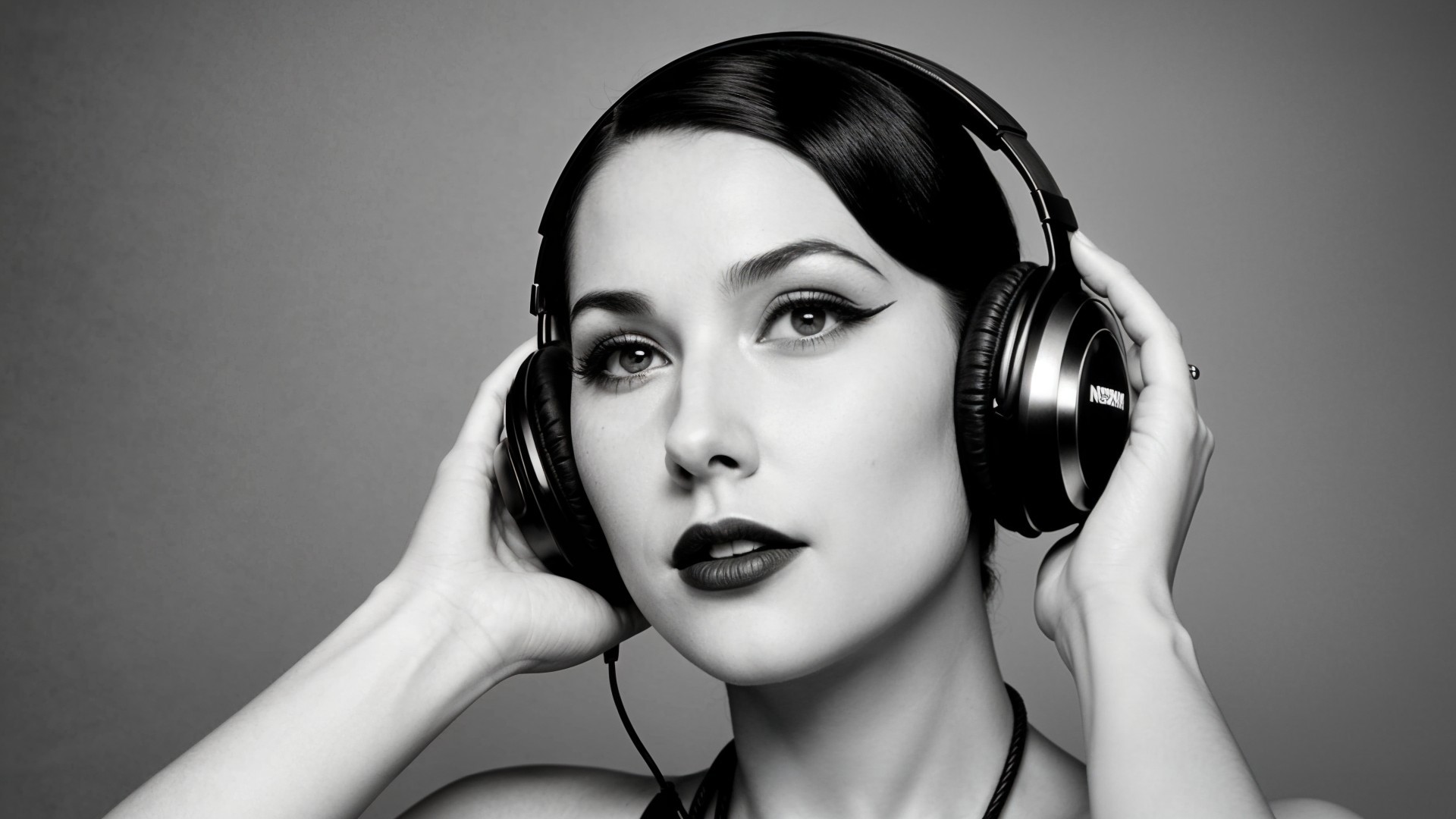 Vintage-inspired woman with stylish headphones and bold makeup