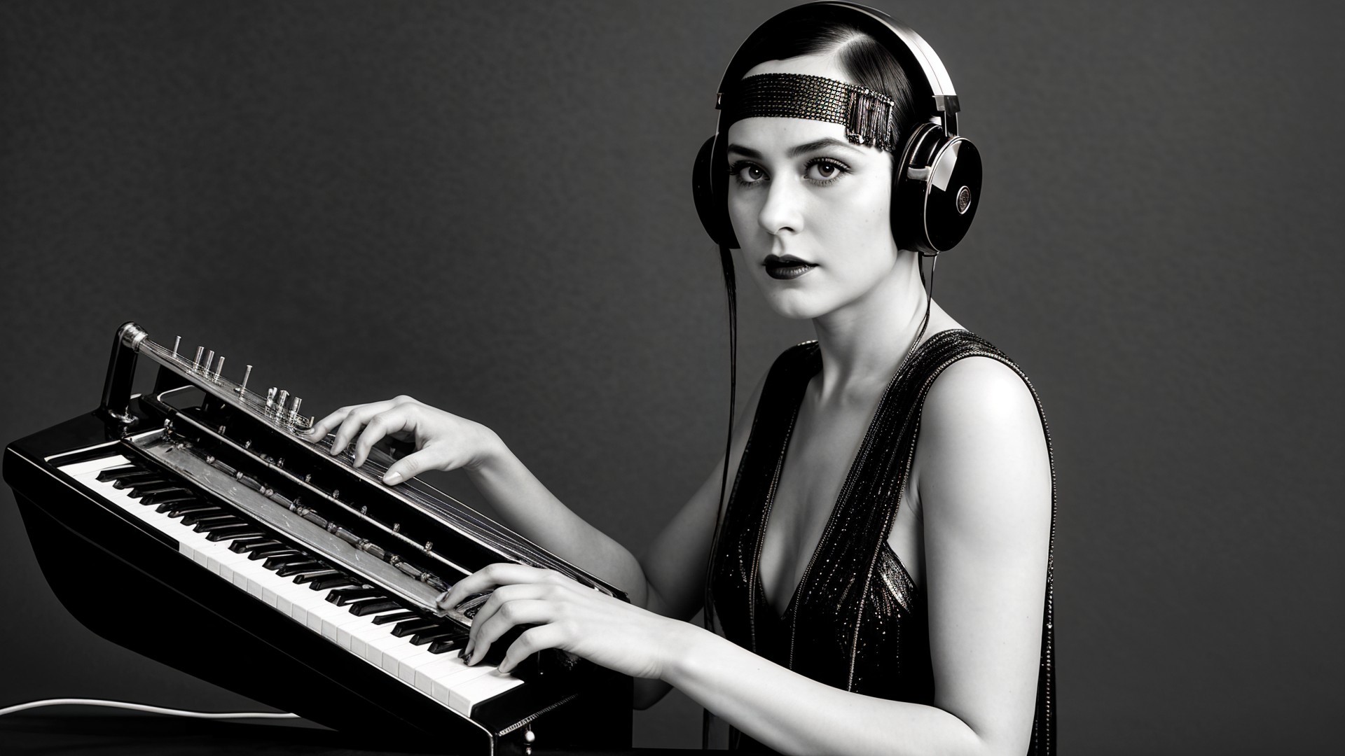 Stylish Woman in Black Dress at Vintage Keyboard