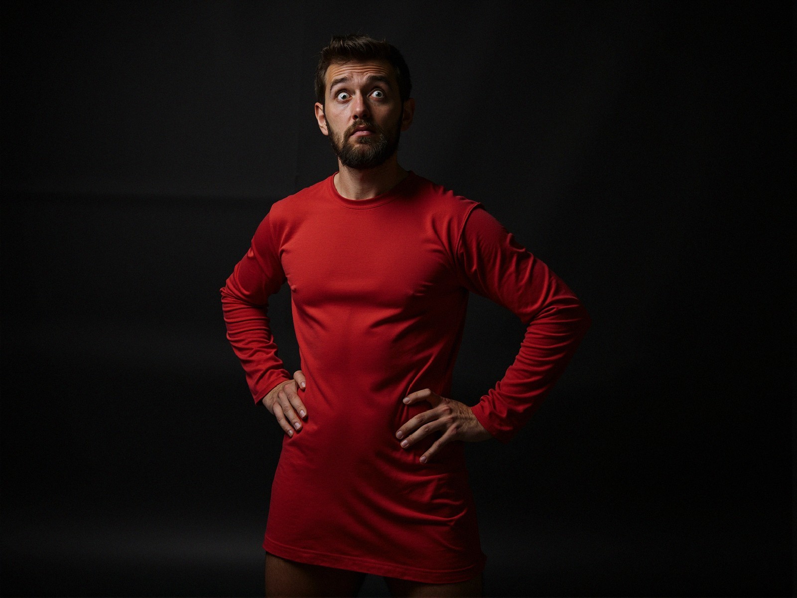 Man in red shirt poses against dark backdrop