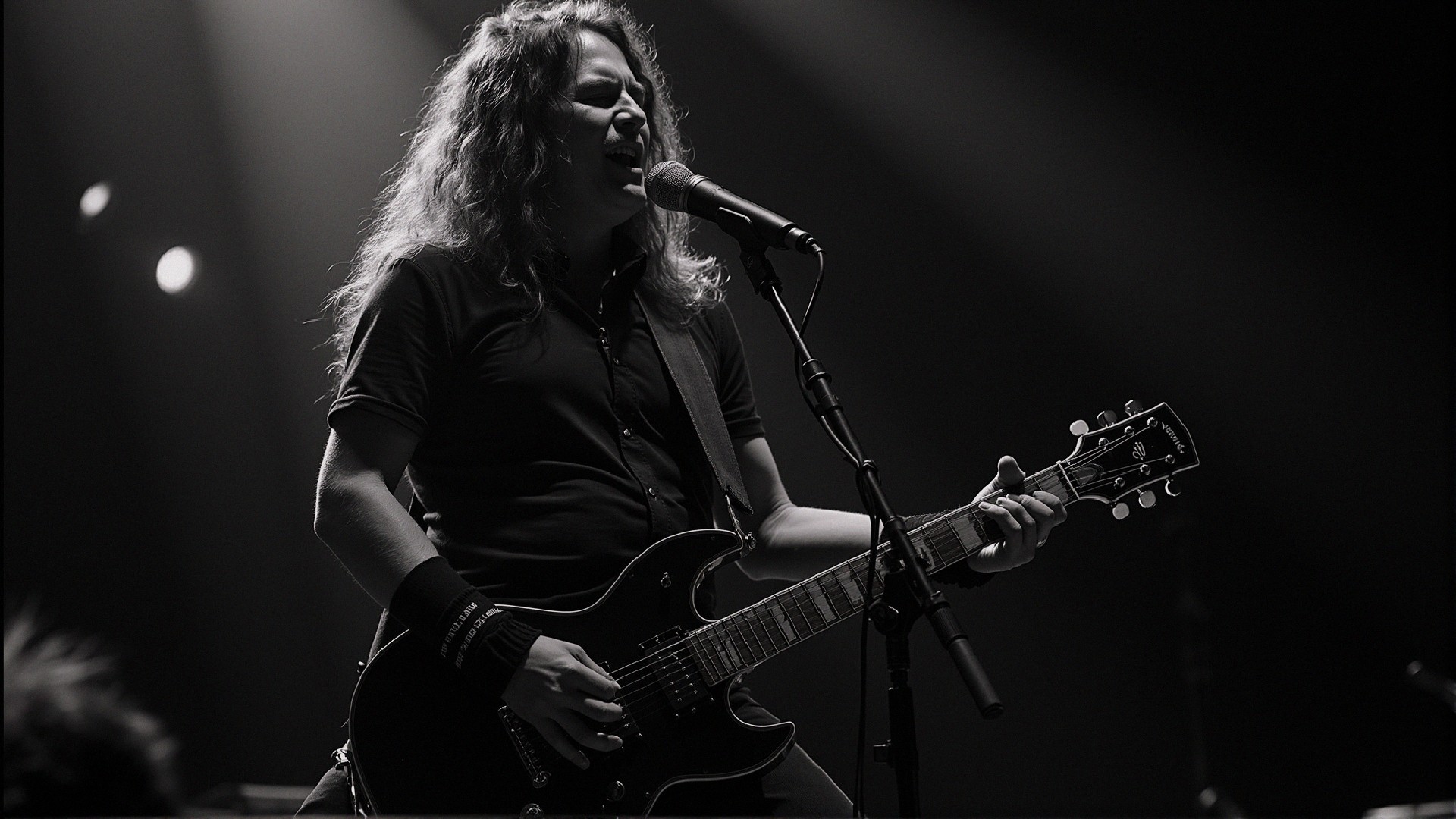 Musician Performing with Electric Guitar on Stage