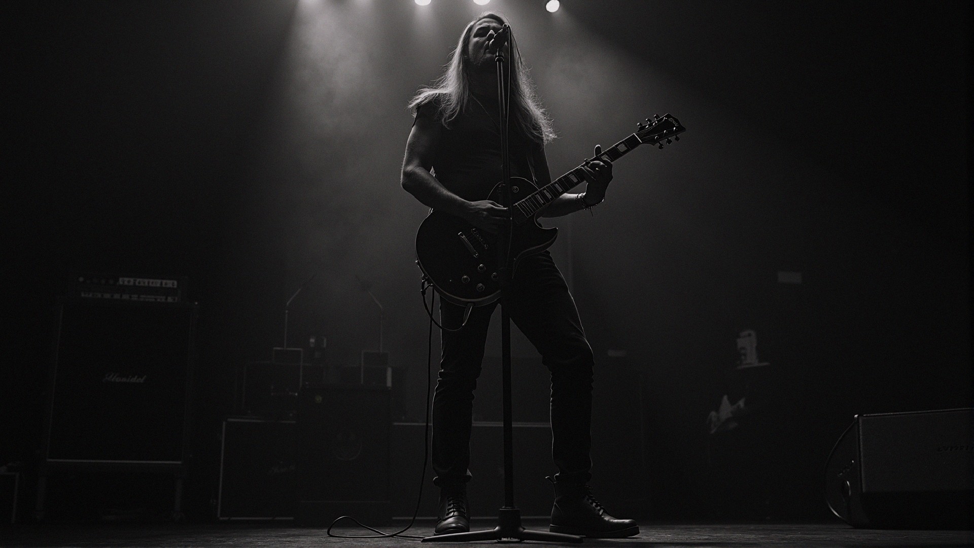 Silhouette of Male Musician Playing Electric Guitar on Stage