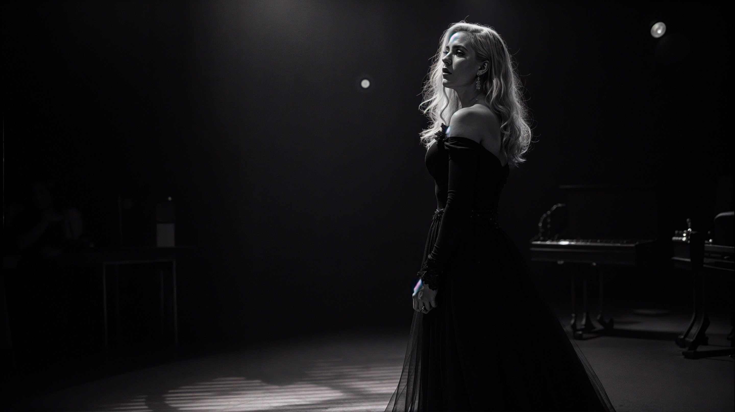 Elegant Profile in Black Gown with Dramatic Lighting