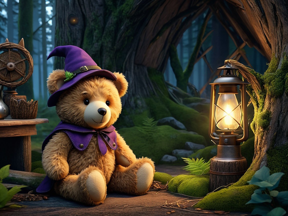 Teddy Bear in Wizard Attire in Enchanted Forest Setting