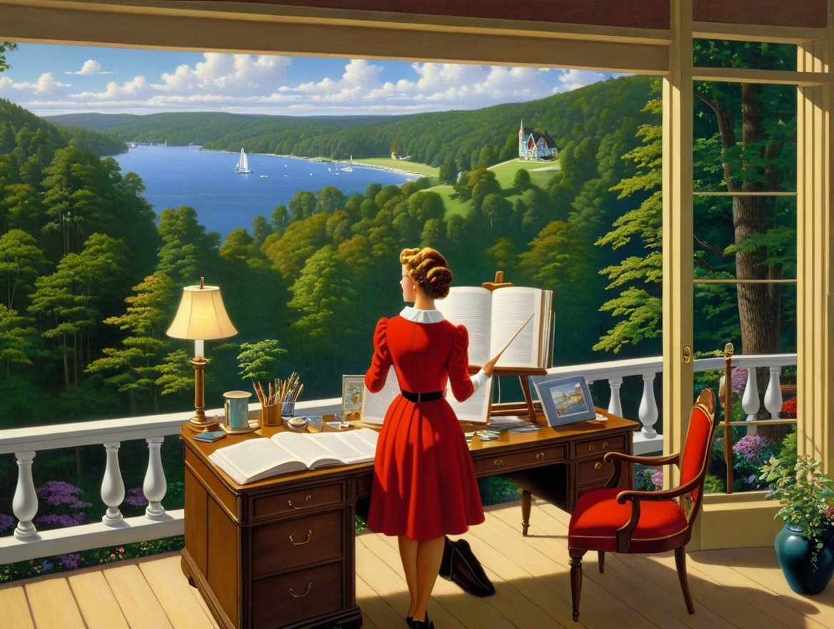 Woman in Red Dress Overlooking Serene Landscape