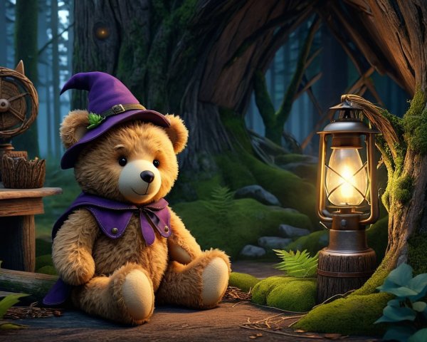 Teddy Bear in Wizard Attire in Enchanted Forest Setting