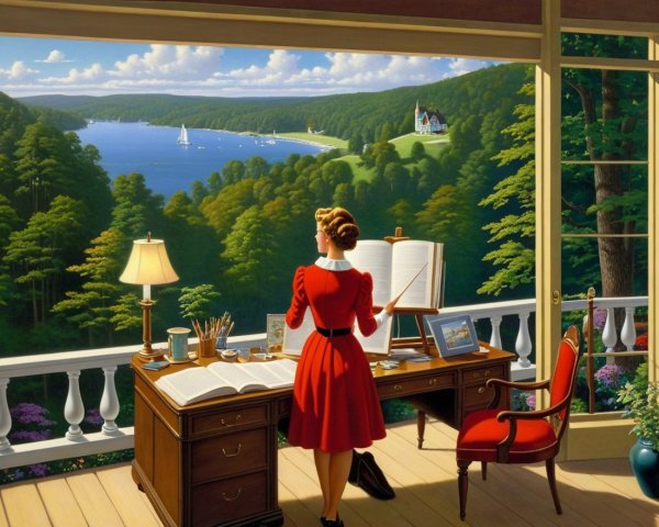 Woman in Red Dress Overlooking Serene Landscape