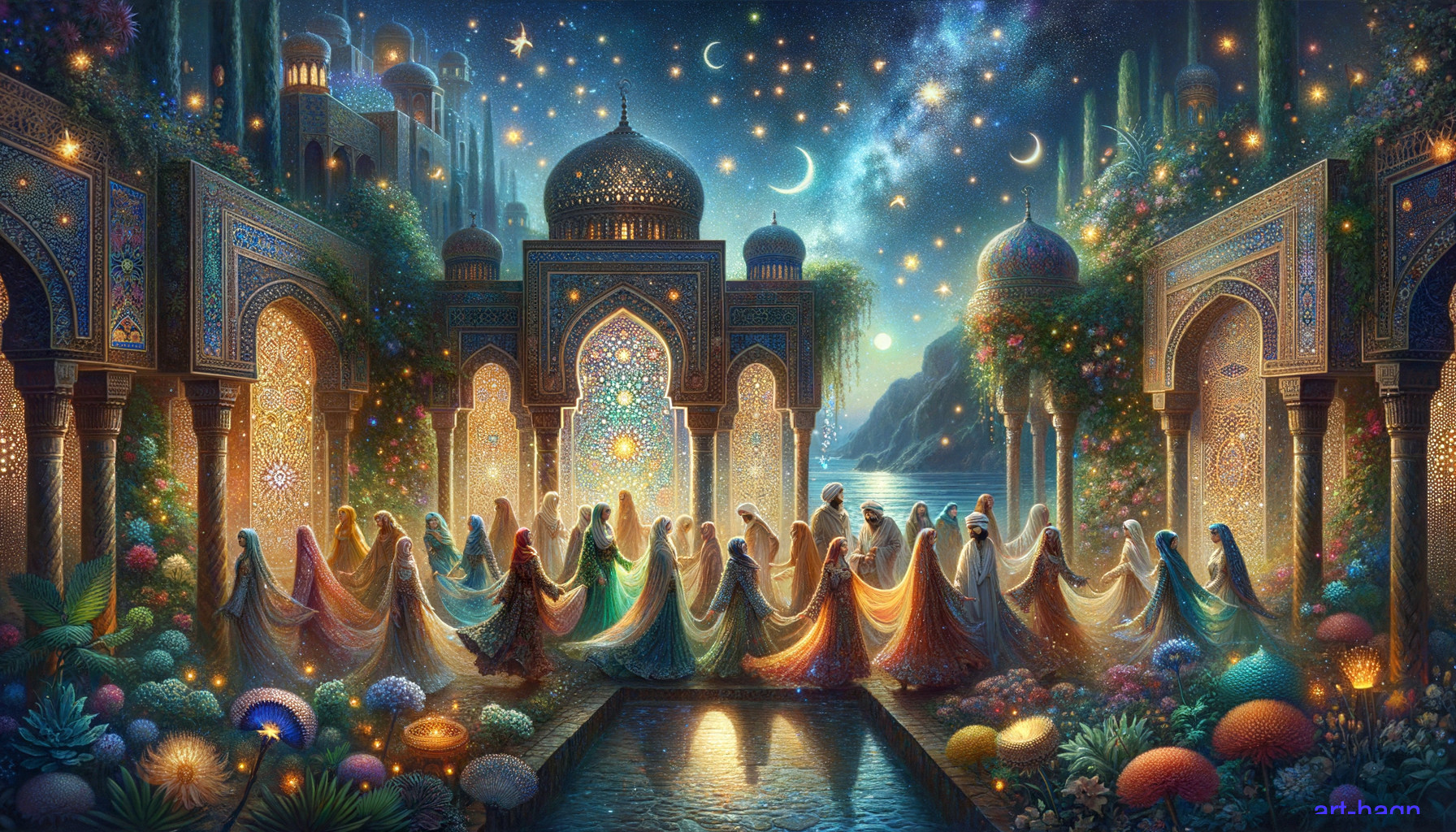 Elegant Women Dancing in a Mystical Garden Scene