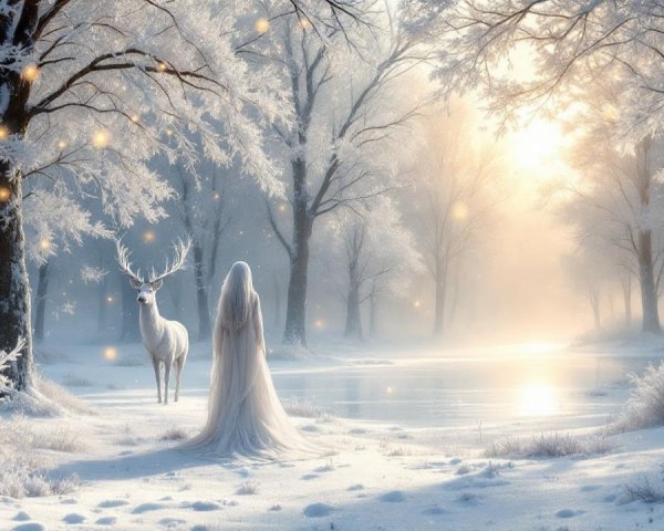 Winter Landscape with Woman and Majestic White Deer
