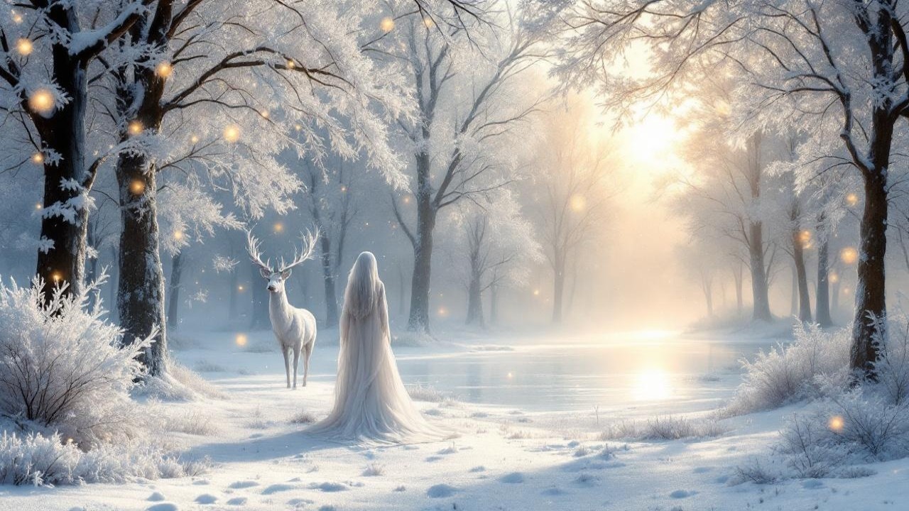 Winter Landscape with Woman and Majestic White Deer