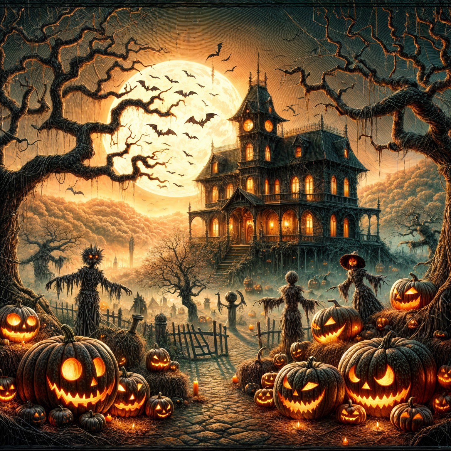 Haunted Mansion Scene with Full Moon and Pumpkins