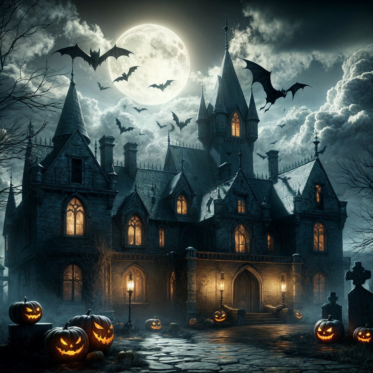 Gothic Mansion with Halloween Decor Under Full Moon