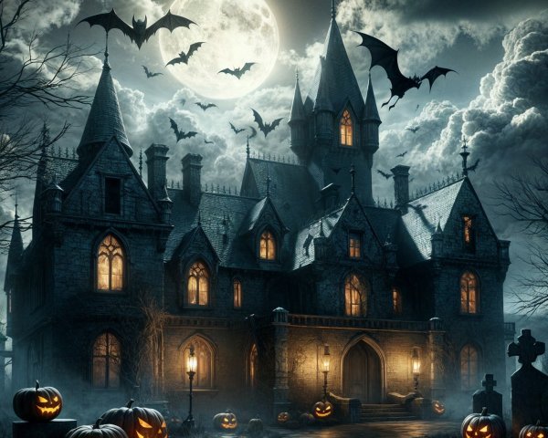 Gothic Mansion with Halloween Decor Under Full Moon