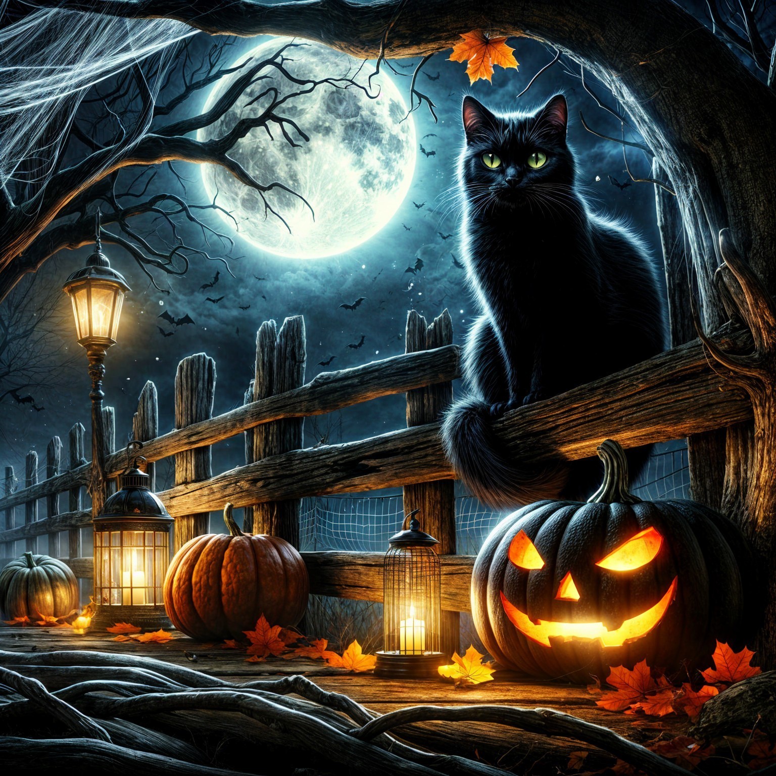 Haunting Halloween Scene with Black Cat and Moonlight